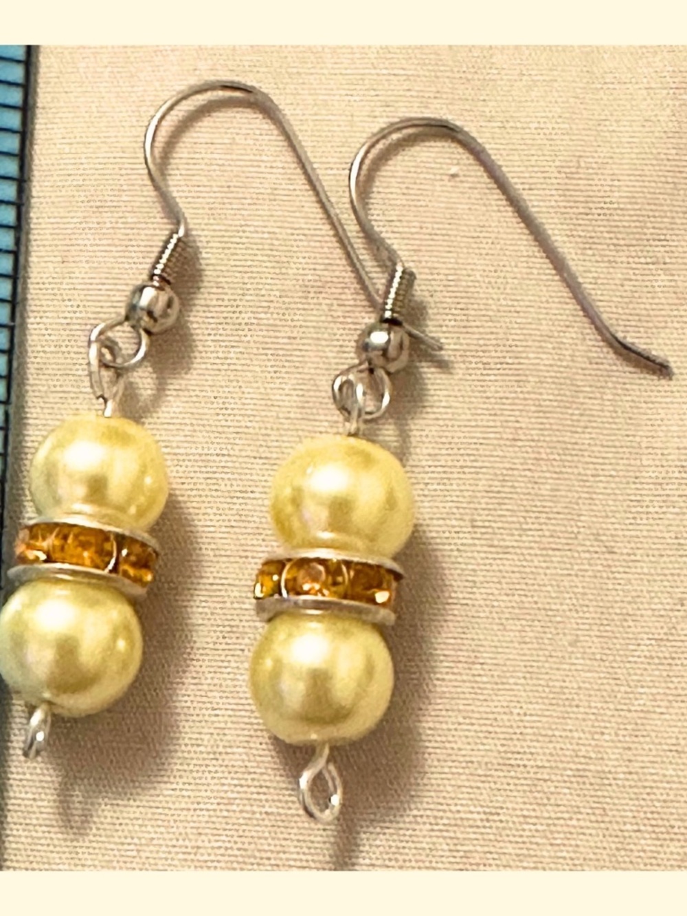 Handmade Yellow Faux Pearl Earrings Amber Rhinestone Stainless Steel Dangle Hook